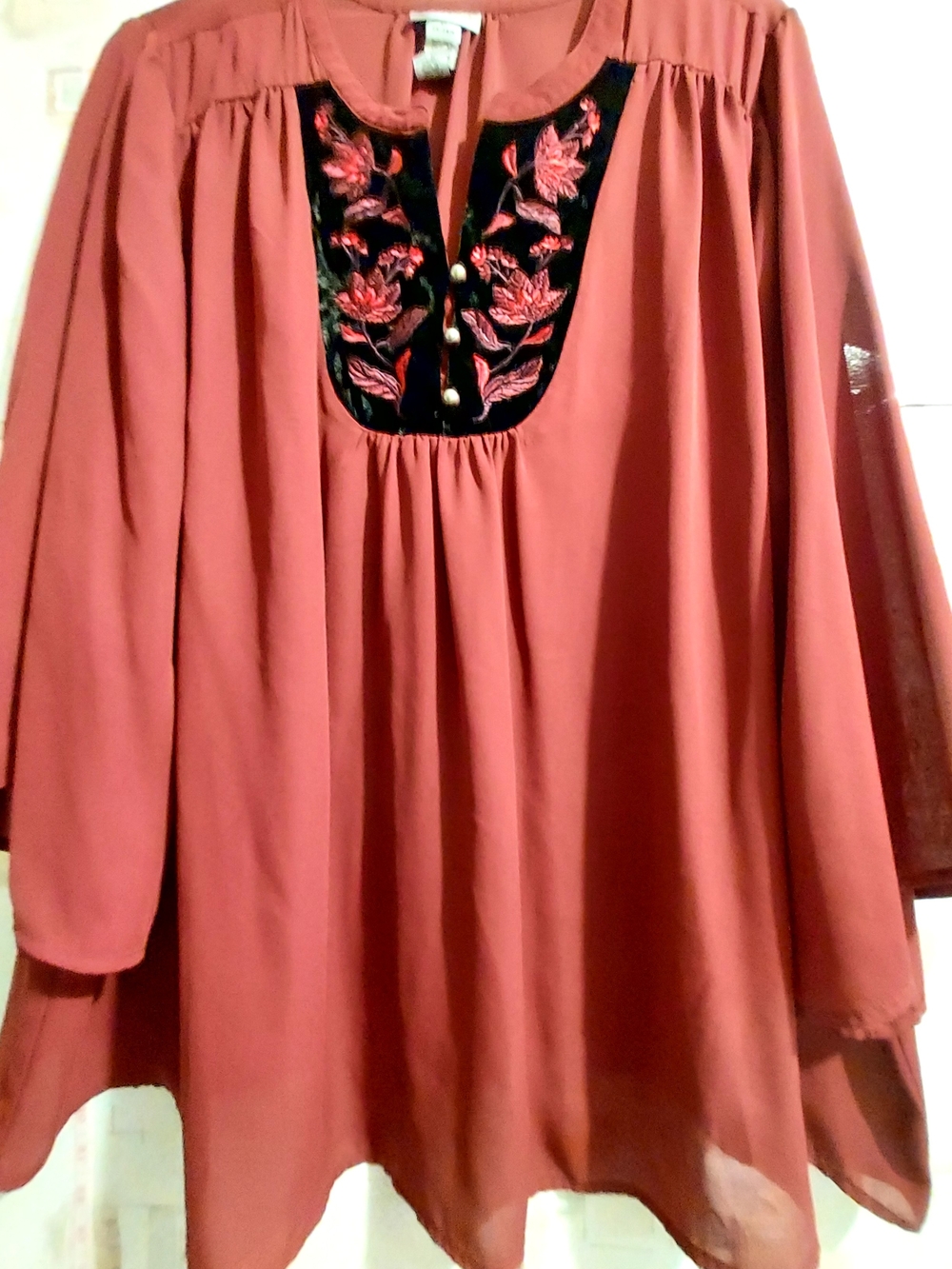 Catherines Red Peasant Tunic with Black Embroidered Yoke